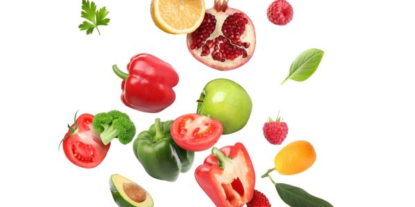 Different,Fresh,Fruits,And,Vegetables,In,Air,On,White,Background